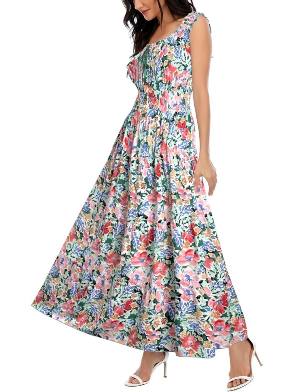 Women's Green Pink Blue Flower Boho Floral Maxi Summer Flowy Tiered Long Dress